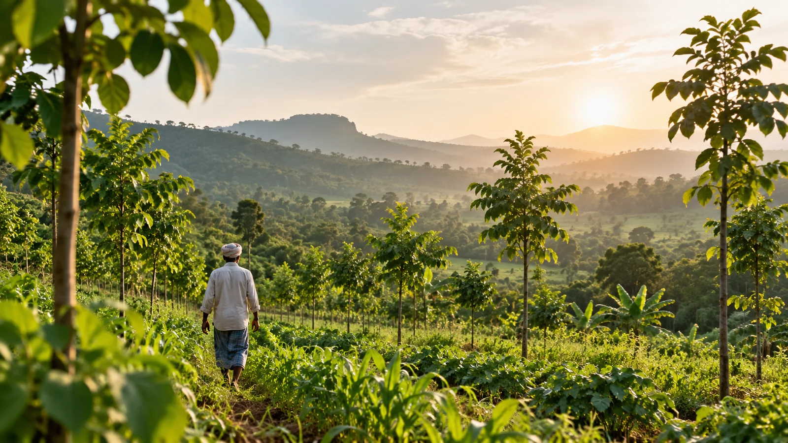 Agroforestry landscape at golden hour with a farmer walking through planted fields