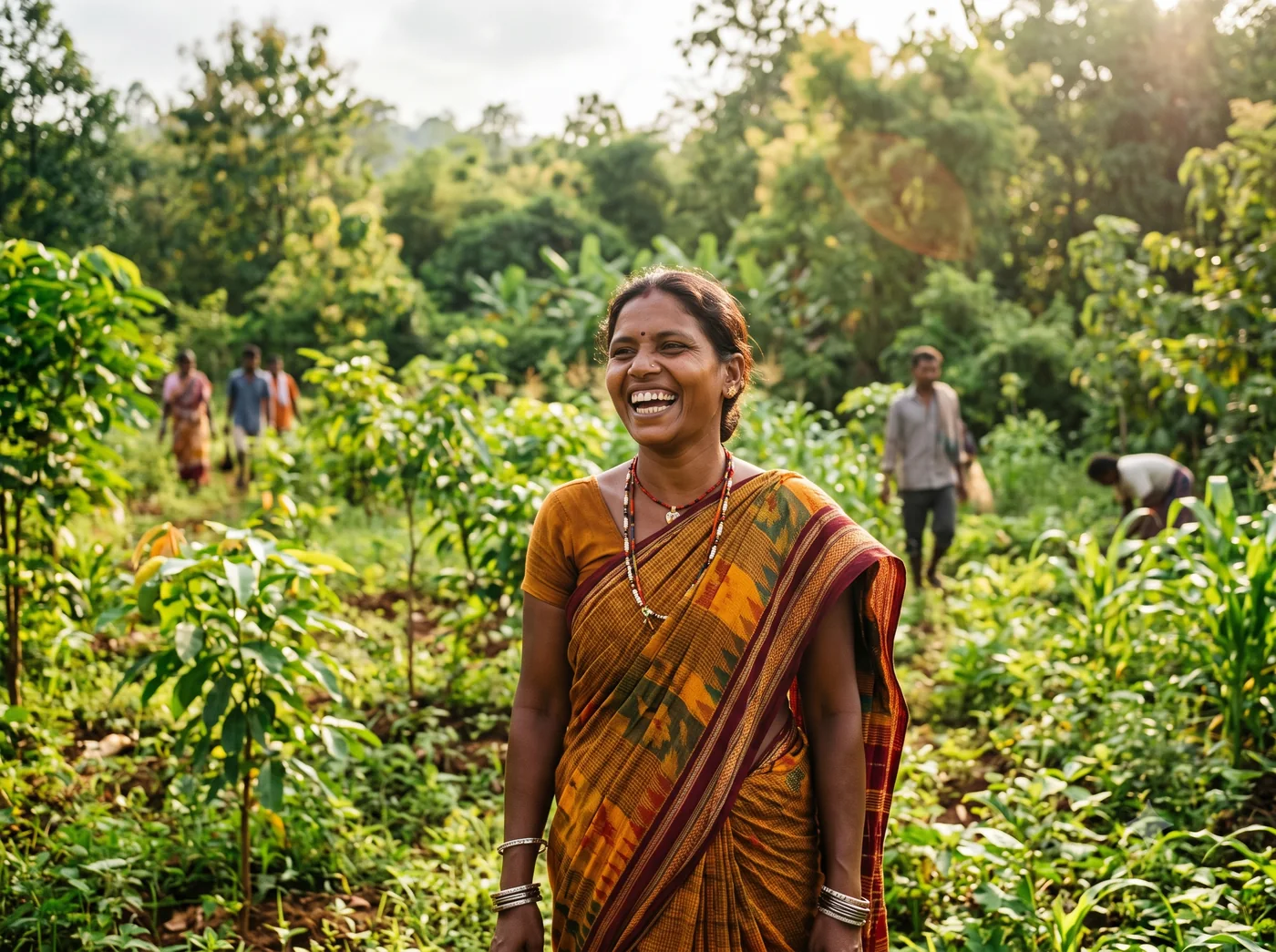 Indian farmer in a green agricultural landscape