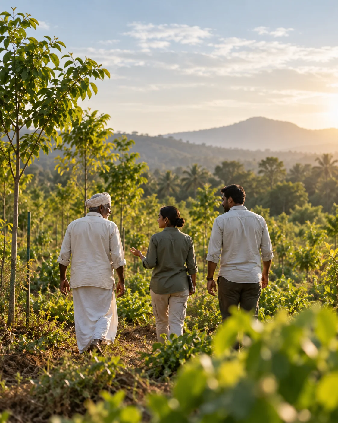 Project team walking through an agroforestry landscape in India