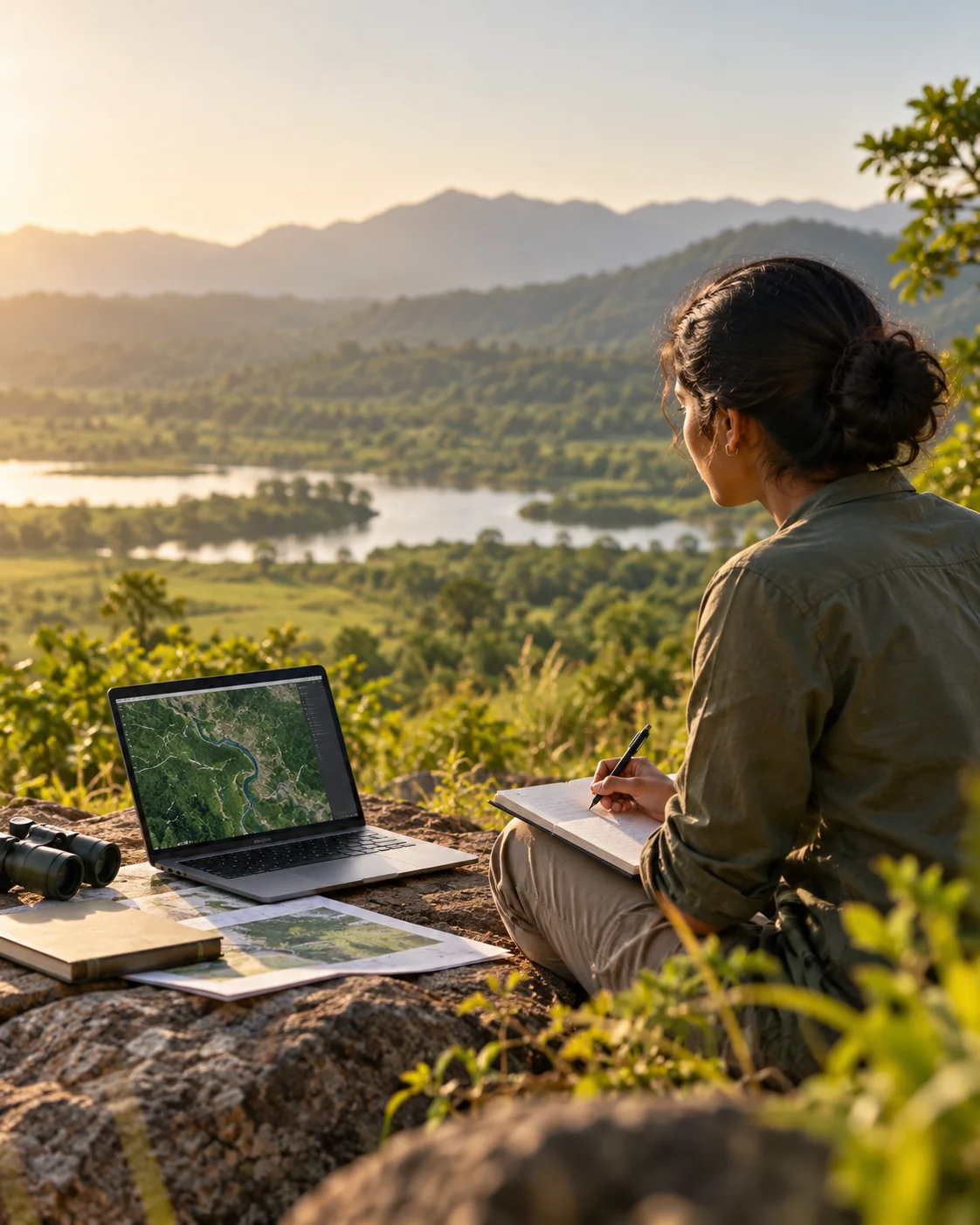 Field researcher reviewing maps in a landscape setting
