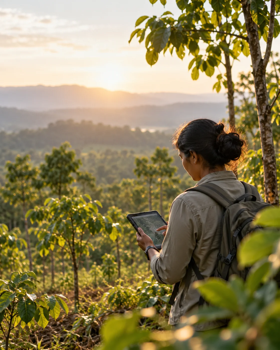 Environmental specialist using a tablet in a restoration landscape