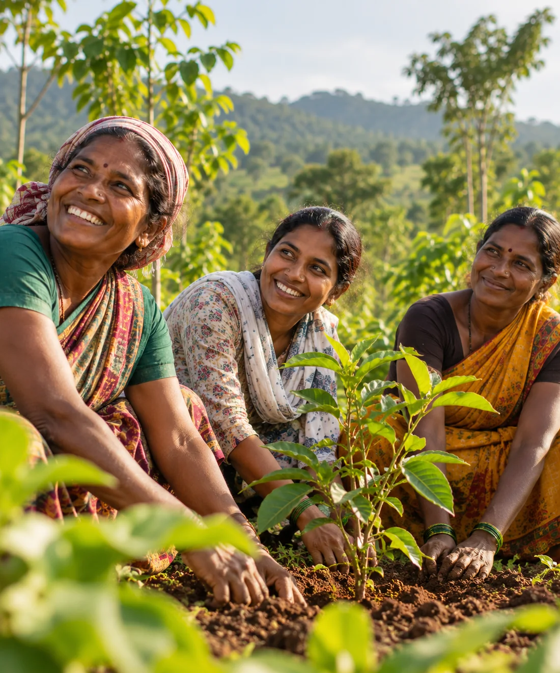 Women planting saplings together